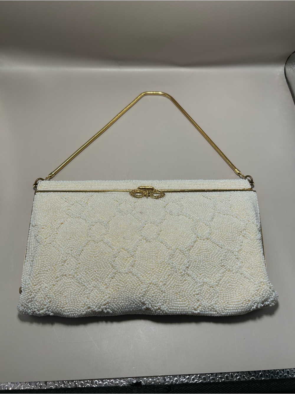 Ivory Beaded Evening Clutch with Gold Handle